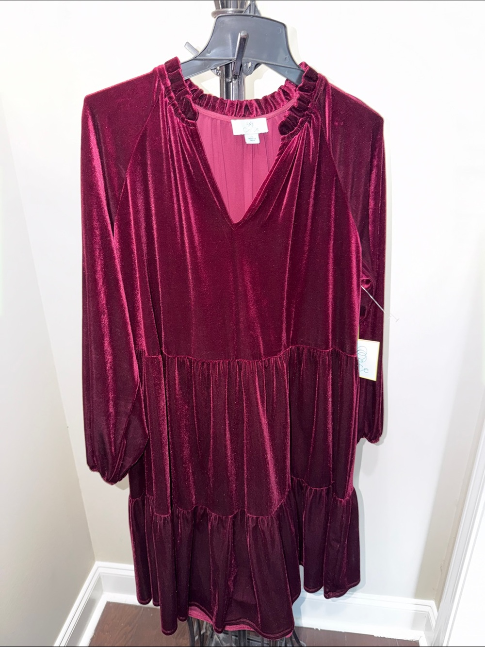 CeCe Burgundy Velvet V-Neck Dress with Ruffle Collar